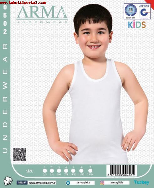 We are a manufacturer of children's underwear, We are a wholesaler of children's underwear, we are an exporter of children's underwear<br><br>With our Arma Yıldız Brand and our own Children's underwear collections, we produce children's underwear, wholesale children's underwear seller, export children's underwear, <br>Our product range<br>Girls' undershirts, Girls' undershirts, Girls' panties, Girls' underwear , Boys' undershirts, Boys' undershirts, <br><br> We produce children's underwear with your models and your brand.
